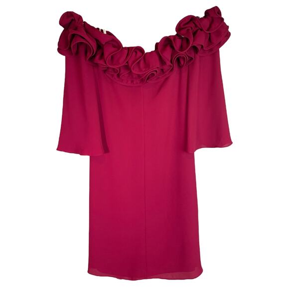 Halston Heritage Mini Dress Womens S Maroon Off The Shoulder Ruffled Neck NWT - Picture 3 of 13